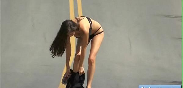  Sexy brunette Nina flash her natural big boob outdoor and walk naked on the freeway